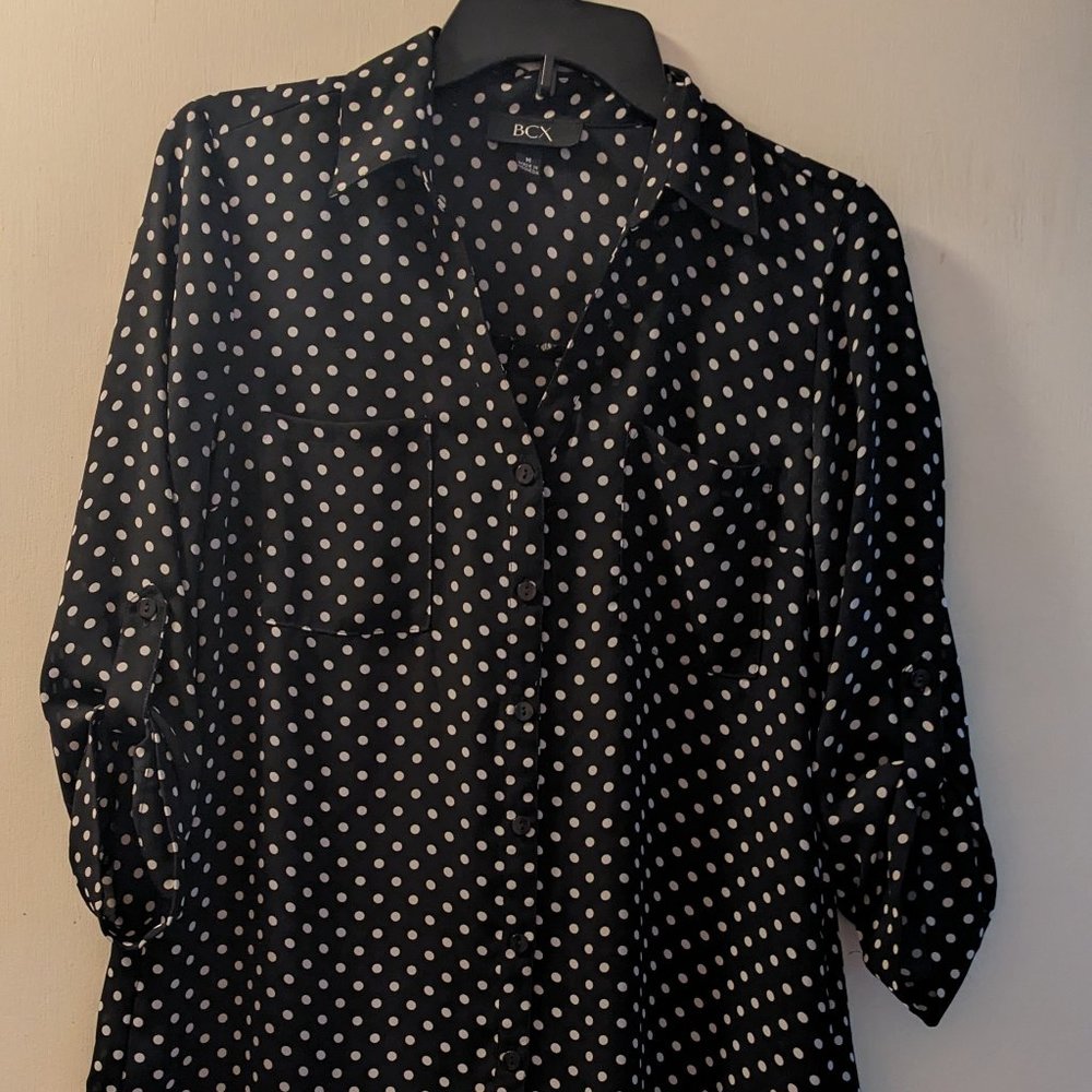 BCX black and white polka dot dress blouse size medium.